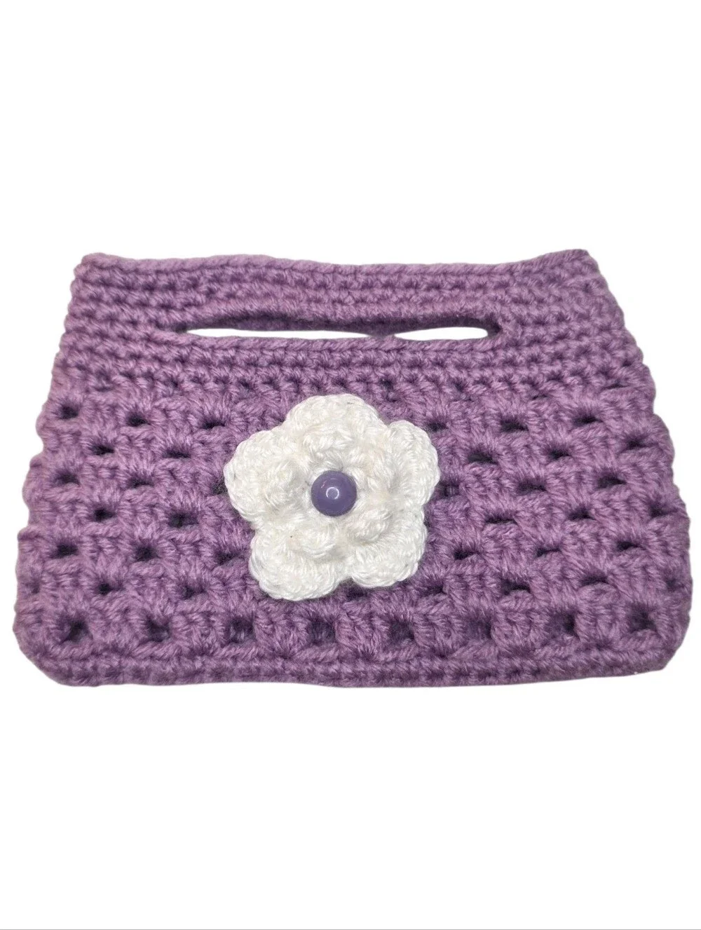 Kids Purse Handmade Yarn Knit Crochet Girls Mini Bag Clutch Purple White Flower